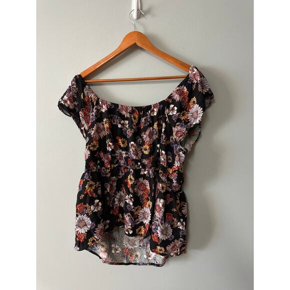 Maurices Women’s 1X Black Floral Boho Peasant Blouse Smocked Waist - Picture 4 of 4